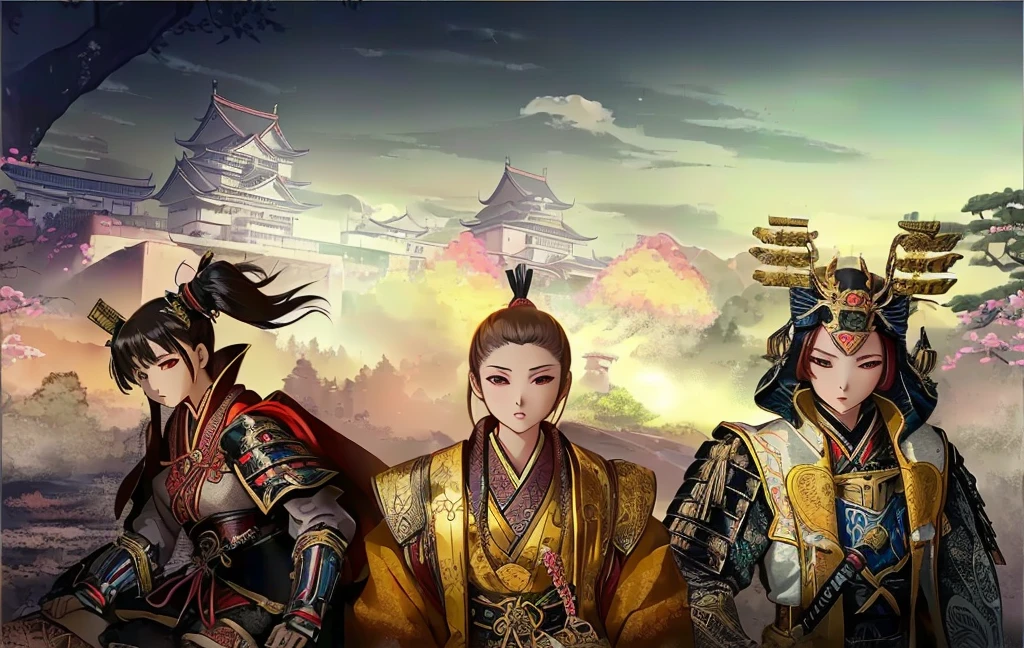 Female, (girls:1.5), (exceptional, best aesthetic, new, newest, best quality, anime, waifu:1.2), best quality, ultra detailed, absurdres, highres, colored, good anatomy, Japanese Samurai armor, swords, Kimono clothes, capes, Japanese castle, tree