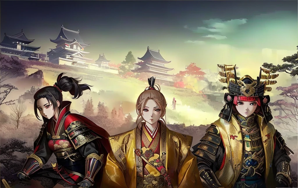 Female, (girls:1.5), (exceptional, best aesthetic, new, newest, best quality, anime, waifu:1.2), best quality, ultra detailed, absurdres, highres, colored, good anatomy, Japanese Samurai armor, swords, Kimono clothes, capes, Japanese castle, tree