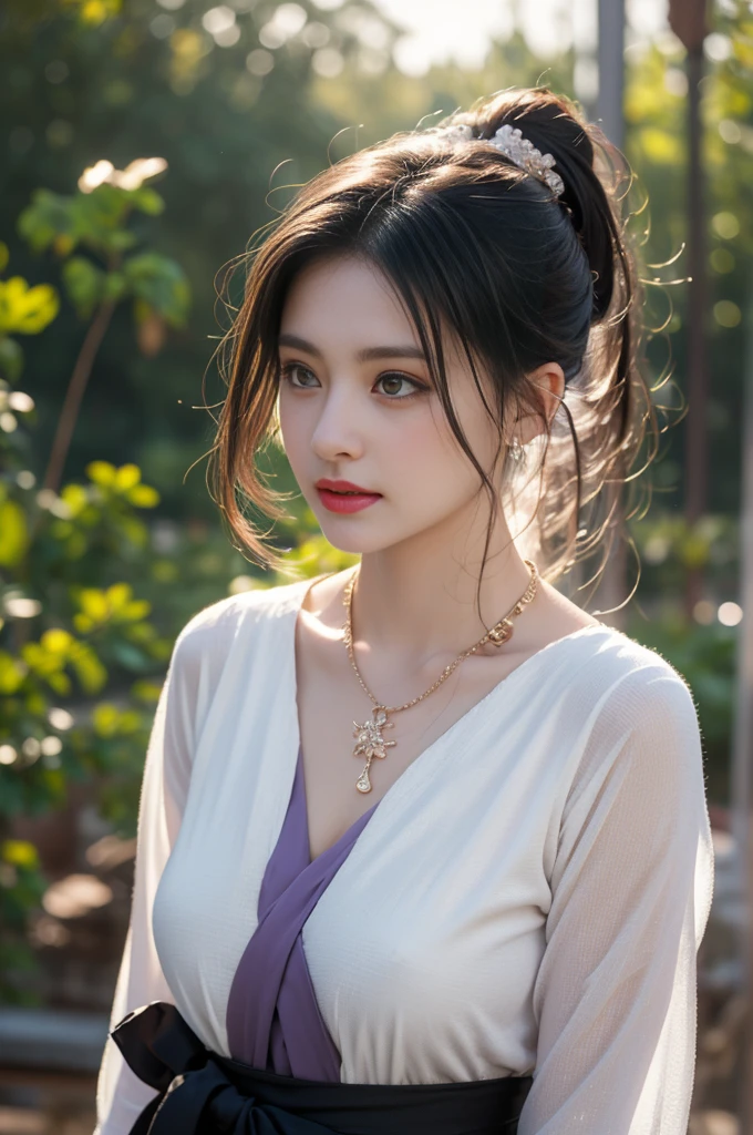 1 beautiful girl in Hanfu costume, ((black thin purple silk shirt with a lot of texture)), white lace top, long purple platinum ponytail Hair, Jewelry, ear jewelry, necklaces and necklaces, carefully drawn big purple eyes, makeup careful, thin eyebrows, high nose, beautiful red lips, no smile, pursed lips, rosy cheeks, wide breasts, big breasts, proportional breasts, slim waist, purple fishnet socks, chinese hanfu style, fictional art texture, colorful bright and realistic, RAW Photo, Realistic Photo, ultra high quality 8k surreal photo, (effective fantasy light effect: 1.8), 10x pixels, magical effect (Background): 1.8), ultradetailed eyes, full body portrait of girl , Chinese royal garden background, dynamic pose