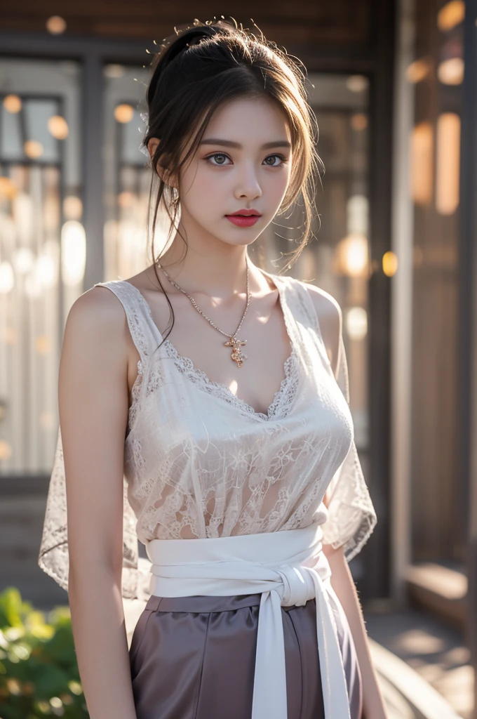 1 beautiful girl,fully naked, long purple platinum ponytail Hair, necklaces and necklaces, carefully drawn big purple eyes, makeup careful, thin eyebrows, high nose, beautiful red lips, no smile, pursed lips, rosy cheeks, wide breasts, big breasts, proportional breasts, slim waist, purple fishnet socks, chinese hanfu style, fictional art texture, colorful bright and realistic, RAW Photo, Realistic Photo, ultra high quality 8k surreal photo, (effective fantasy light effect: 1.8), 10x pixels, magical effect (Background): 1.8), ultradetailed eyes, full body portrait of girl , Chinese royal garden background, dynamic pose