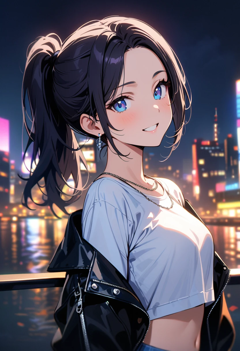(masterpiece, best quality:1.3), (A young woman, 19-years-old, solo, Caucasian, black hair tied back in a ponytail, swept bangs, cheerful smile, mouth open, blue eyes, perfecteyes:1.1), (black leather jacket, white cropped t-shirt, midriff, thin silver necklace, small silver earrings, light blue denim pants, Tokyo city, upper body, night:1.2)