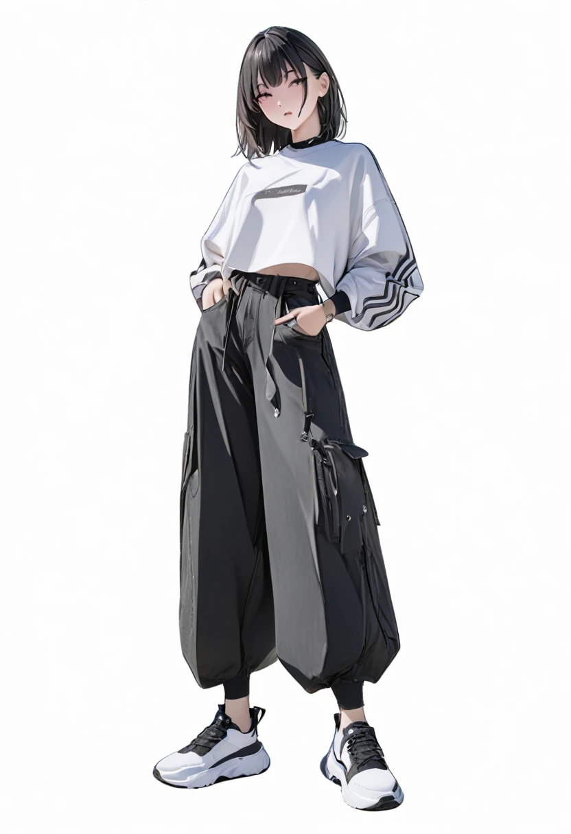(Masterpiece, highest resolution: 1.2, 8K), center, full body, one girl, medium hair, gray fashion, wide pants, simple sneakers, simple background, white background, eyes open,