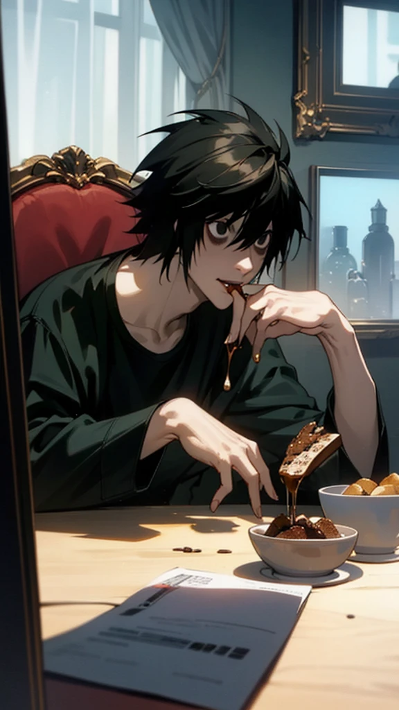 1 boy, man, perfect anatomy, mesmerizing black eyes, 8k resolution, (one person), (realism: 1.2), (masterpiece: 1.2), (cowboy frame: 1.2), dark romantic lighting, (high detail: 1.2), (detailed face: 1.2), (gradients), bright detailed eyes, (natural light: 1.2), solo, indoors, perfect lighting, (black lips), vampire fangs, perfect facial features, perfect angle, perfectly drawn eyes, man, smile, skinny, sitting at her laptop, eating a brownie