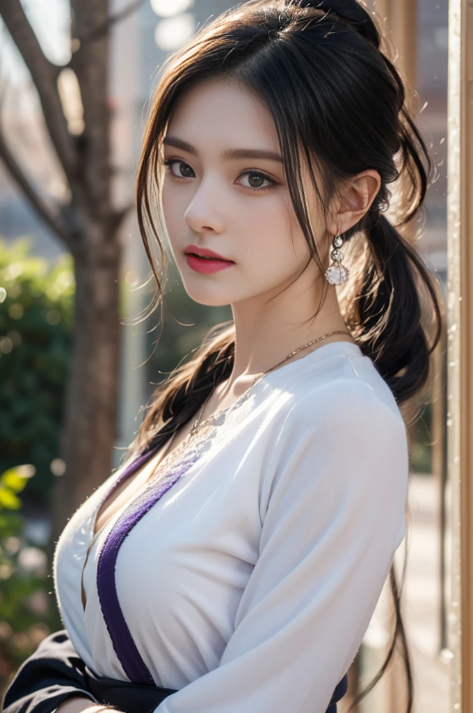 Masterpiece, black_hair, 1 girl, looking at the audience, long_hair, nail_polish, solo, ancient art, Chinese, (8k, best quality, masterpiece: 1.2), (realistic, realistic:1.2), (background sky: 1.2), (bust photo: 1.7), looking at the audience, hanfu, 1girl, (purple flower pine ink: 1.1), face close-up, detailed face, hanfu, tang system, chest-length skirt, pleated skirt,cinematic lighting, motion blur, ray tracing, god rays, bloom, drop shadow, close-up, lens flare, UHD, masterpiece, ccurate, anatomically correct, textured skin, super detail, high details, high quality, award winning, best quality, highres, 16k, HD, accurate, correct hand, (anatomically correct: 1.5),