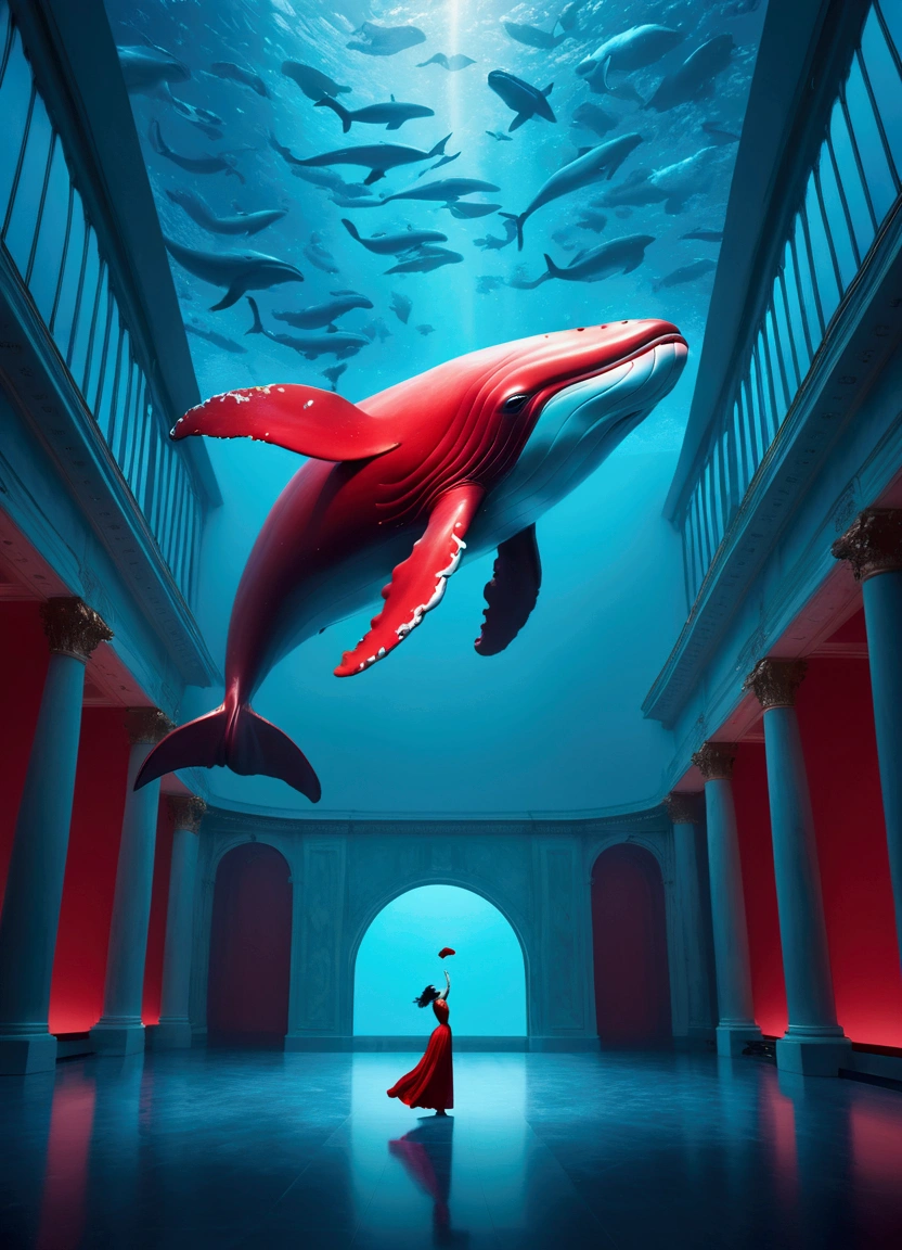 (Flying Whale), in Vibrant Void, juxtaposing vibrant Tiffany Blue with a sense of emptiness, using Tiffany Blue and China Red, full body, award-winning, cinematic still, emotional, vignette, dynamic, vivid, (masterpiece, best quality, Professional, perfect composition, very aesthetic, absurdres, ultra-detailed, intricate details:1.3)