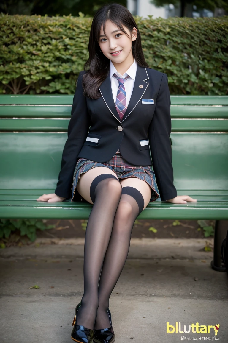 (8k), (highest quality: 1.2), (Realistic), (Realistic: 1.37), Ultra-high resolution, 1 girl, cute, (Embarrassed smile:1.2), (Blushing:1.4),Mouth closed, Beautiful details, Beautiful Nose, black straight Hair, giant dulcefo, pork, Thighs,Navel exposed,University Student Uniform,A simple blazer,Pleated skirt,(The skirt and tie are tartan check pattern.:1.3),Platform boots, (sitting on a park bench:1.2),(Shiny Thighs:1.2), medium shot ,(Black accent socks:1.2)