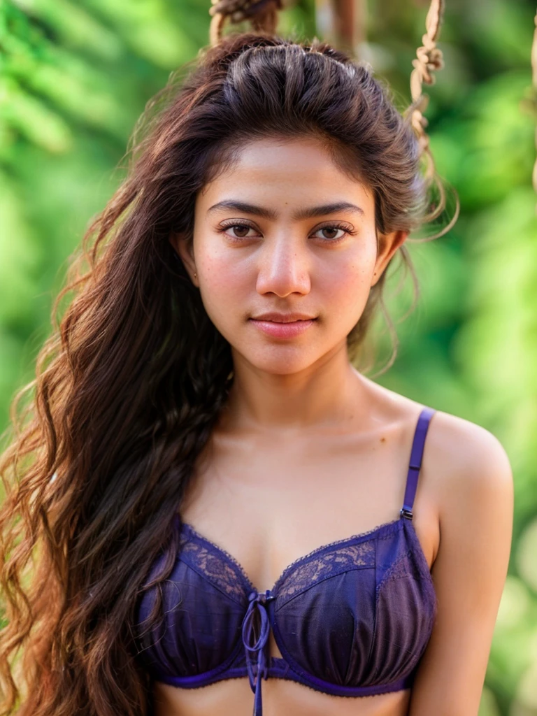 ultrarealistic hires close up photo of a 24-year-old sapa woman, outdoors, realistic skin texture, looking looking at camera, tied up hair, night time, beautiful bokeh background  with hot big and bra  