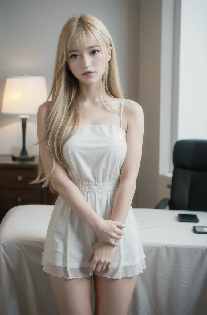 (best quality), (realistic, photo-realistic:1.3), masterpiece:1.2, an extremely delicate and beautiful, extremely detailed, CG, unity, 8k, amazing, finely detail, ultra-detailed, highres, absurdres, soft light, (((long blonde hair, bangs))), beautiful detailed girl, detailed fingers, extremely detailed eyes and face, beautiful detailed nose, beautiful detailed eyes, beautiful delicate glossy lips:0.9, (light on face), (looking at viewer), (closed mouth:1.2), 1girl, cute, ((thigh:1.5)), ((innocent face)),young,(((office lady chiffon dress))), (medium breasts), realistic face, realistic body, Film Grain:0.6, Ray tracing:0.6, Dynamic Range:0.3, median:0.4, (semi smile:1.3)