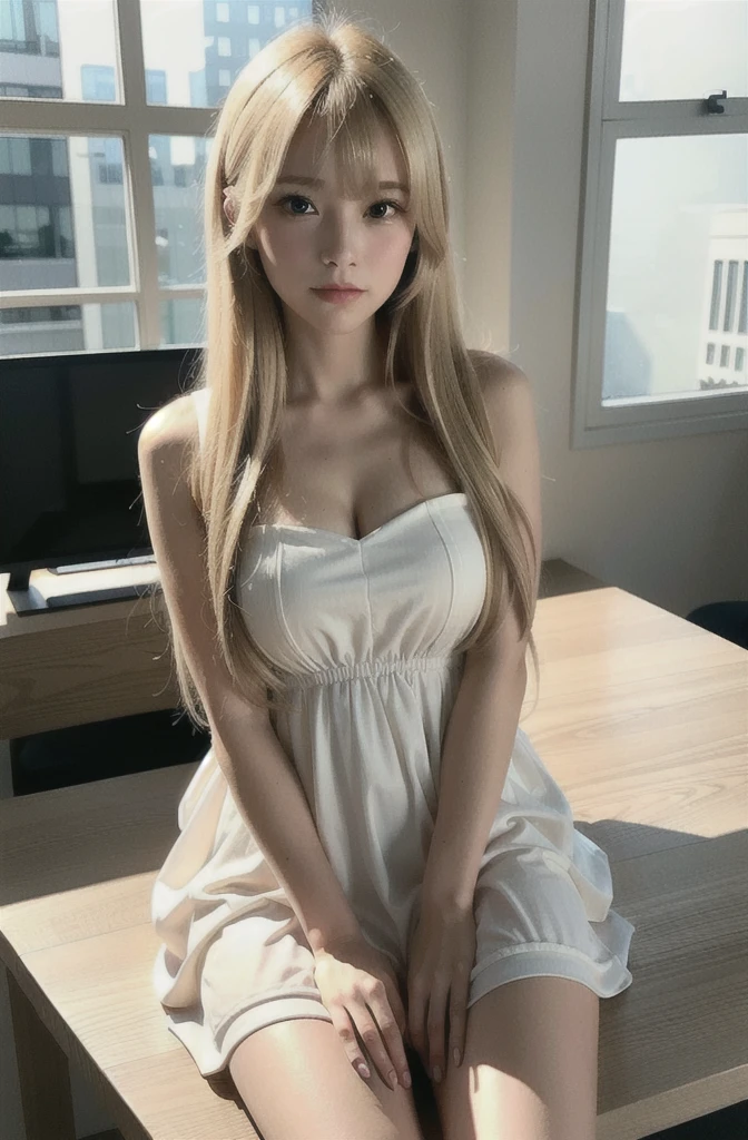 (masterpiece:1.0), (best quality:1.4), (ultra highres:1.2), (photorealistic:1.4), (8k, RAW photo:1.2), (soft focus:1.4), ung girl, sexy, black silk stockings, breasts, (Slim girl), (blonde hair:1.2), looking at viewer, ((puffy eyes)), looking at viewer, full body, facing front, (ulzzang-6500:1)