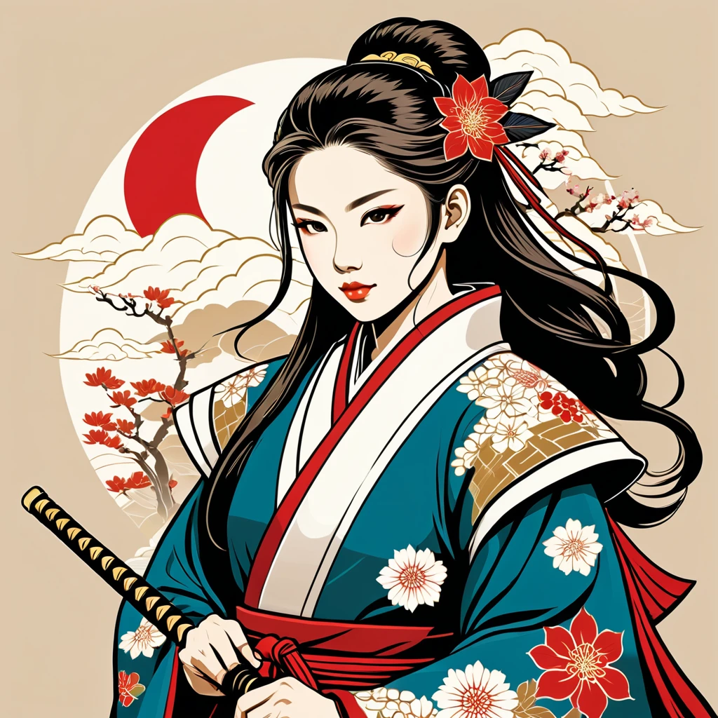 paladin in japanese folk outfit, vector graphics, strong contours