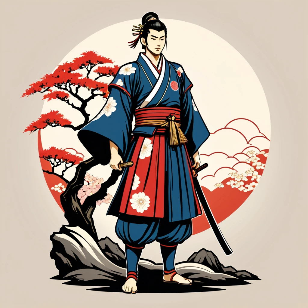 paladin in japanese folk outfit, vector graphics, strong contours