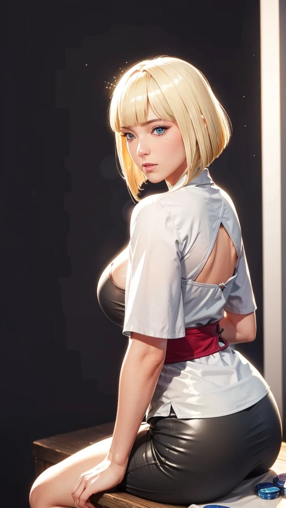 (（（Perfect body,White and tender skin,（（（BLACK KIMONO, CLEAVAGE, VAMBRACES,）））,（（（Samui, Blue eyes, blonde hair, short hair, bangs, blunt bangs,）））,((masterpiece)),high resolution, ((Best quality at best)),masterpiece,quality,Best quality,（（（ Exquisite facial features,Looking at the audience,There is light in the eyes,Poker face）））,From the back）））,（（（Light and shadow,Huge breasts，Plump buttocks）））,（（（Looking at the camera,black background,)））),