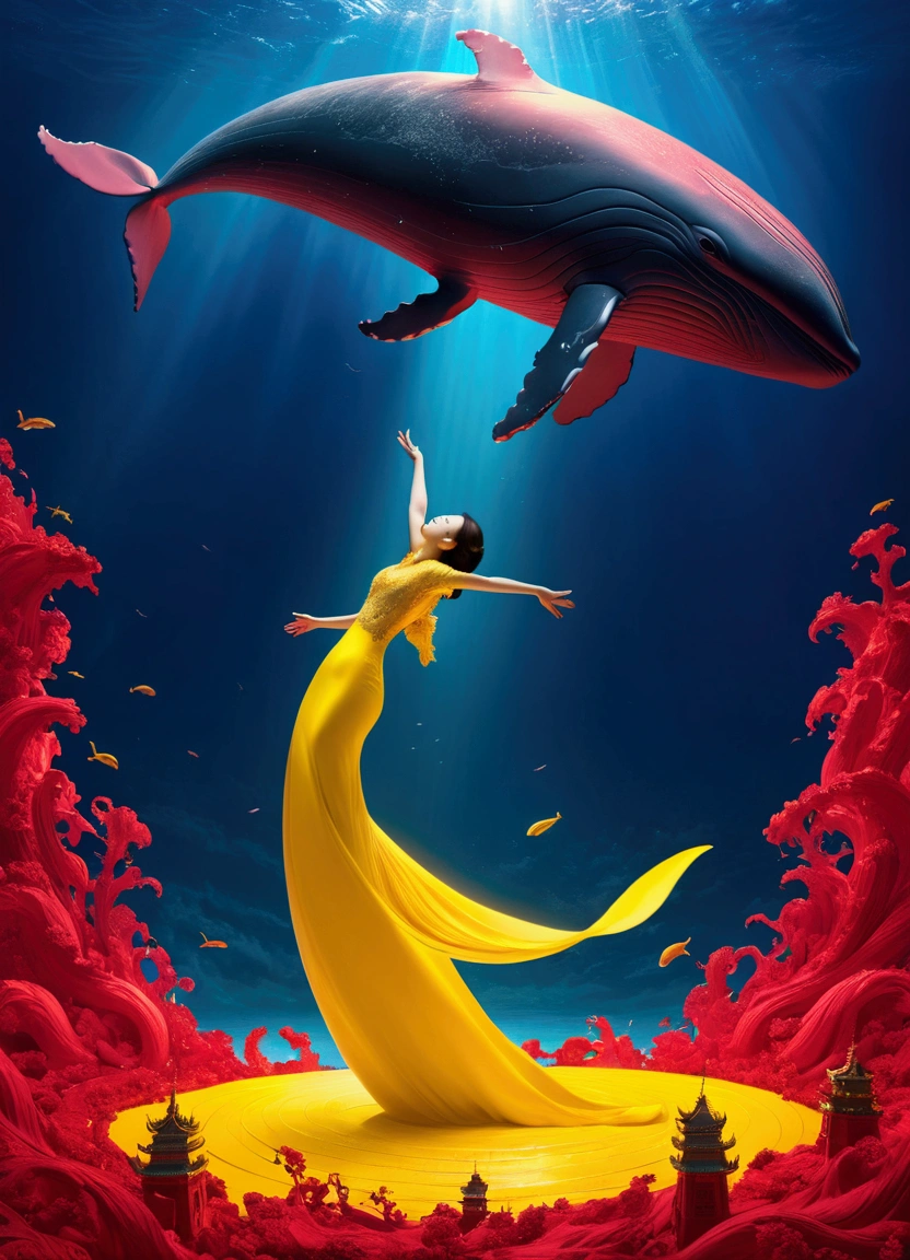 (Flying Whale), in Vibrant Void, juxtaposing vibrant Shenbulun Yellow with a sense of emptiness, using Shenbulun Yellow and China Red, full body, award-winning, cinematic still, emotional, vignette, dynamic, vivid, (masterpiece, best quality, Professional, perfect composition, very aesthetic, absurdres, ultra-detailed, intricate details:1.3)