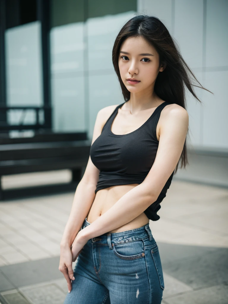 Realistic, Realistic details, detailed, One girl, thin, beautiful, Dynamic pose, detailed skin complexion, Casual clothing, Tight jeans, Yoga Tank Top, T-Shirts, thin太もも, Thigh Gap, Portraiture, Depth of written boundary, Blurred Background, Sharp focus, F1.8/35mm, perspective, Light and shadow contrast, The rule of thirds, Depth and Dimension,