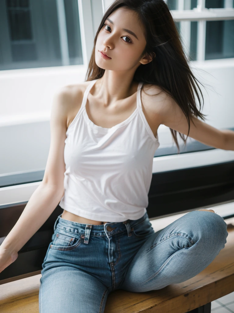 Realistic, Realistic details, detailed, One girl, thin, beautiful, Dynamic pose, detailed skin complexion, Casual clothing, Tight jeans, Yoga Tank Top, T-Shirts, thin太もも, Thigh Gap, Portraiture, Depth of written boundary, Blurred Background, Sharp focus, F1.8/35mm, perspective, Light and shadow contrast, The rule of thirds, Depth and Dimension,