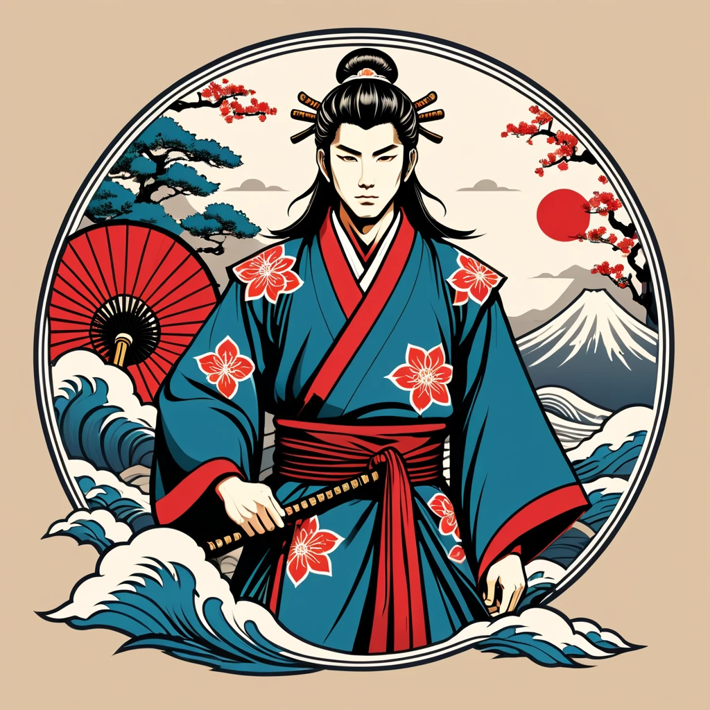 paladin in japanese folk outfit, vector graphics, strong contours, logo design
