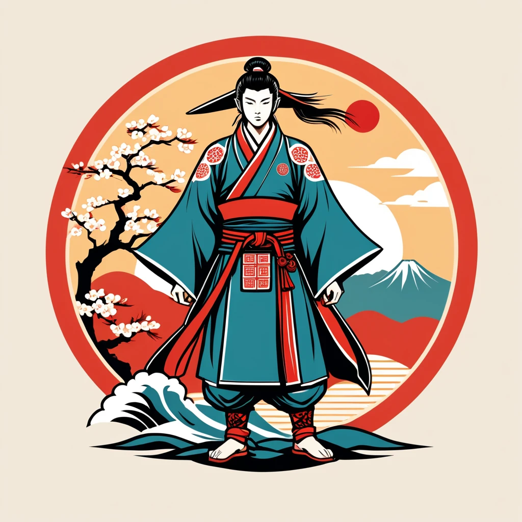 paladin in japanese folk outfit, vector graphics, strong contours, logo design