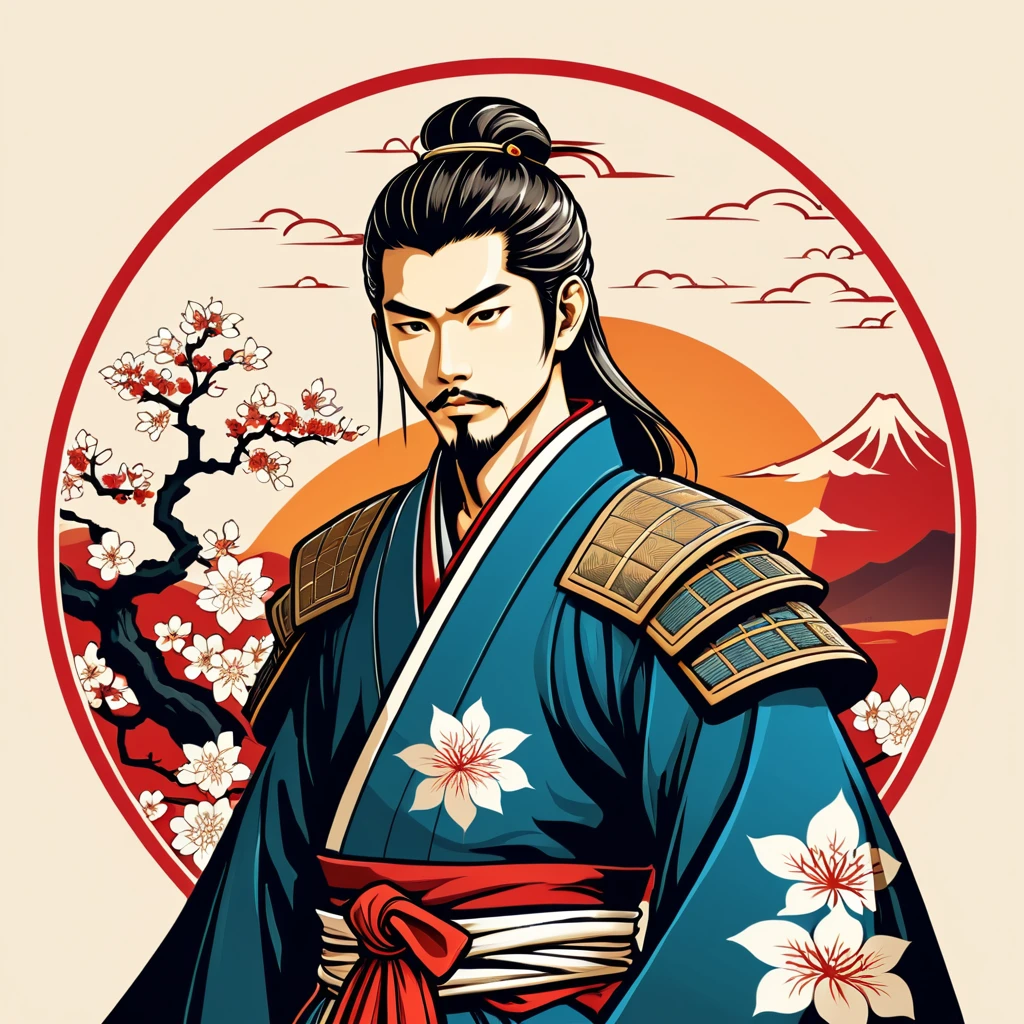 paladin in japanese folk outfit, vector graphics, strong contours, logo design
