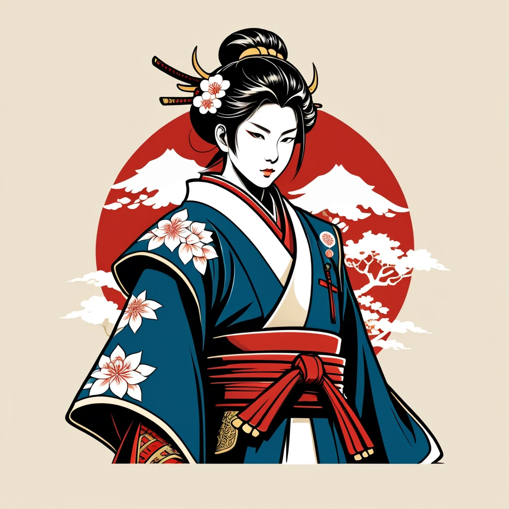 paladin in japanese folk outfit, vector graphics, strong contours, logo design