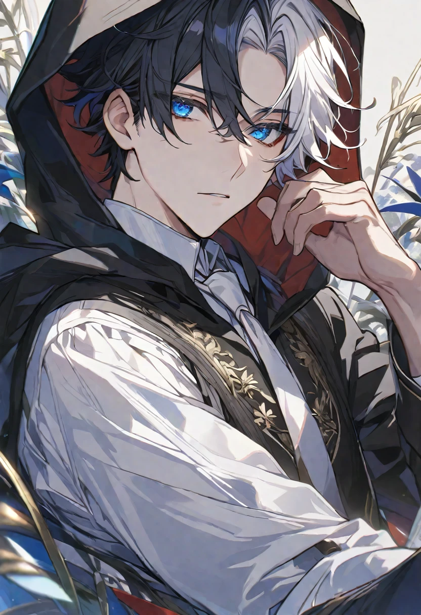 Alone, elegant, 1 male, short hair, black hair and white hair, half and half, blue eyes, detailed, White shirt, white tie, black hood