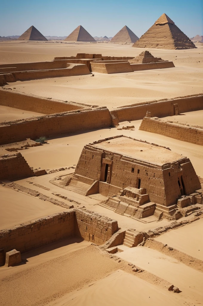 "Drawing of ancient Egypt with pyramids in the background and Hebrew slaves working under the watchful eye of Egyptian guards. Showcase the desert environment and monumental buildings."