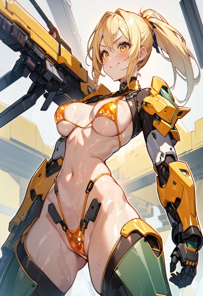 （Highest quality）,Smiling girl in a revealing see-through mechanical micro bikini in yellow and orange with shiny wet skin,Gal-like ponytail,Fully transparent glass texture micro bikini armor,水色ライトの透明なMechanical Armor,（Highest quality）,（8k）,Mechanical Armor,Show all,（Thinly visible genitals）,Accentuated breasts,Mechanical firearms equipment,Eyebrows rise,Bullish expression,Blonde,Don&#39;t blush,Laugh with your mouth closed,Standing on a white floor,White background,（Show the whole body）,View your viewers