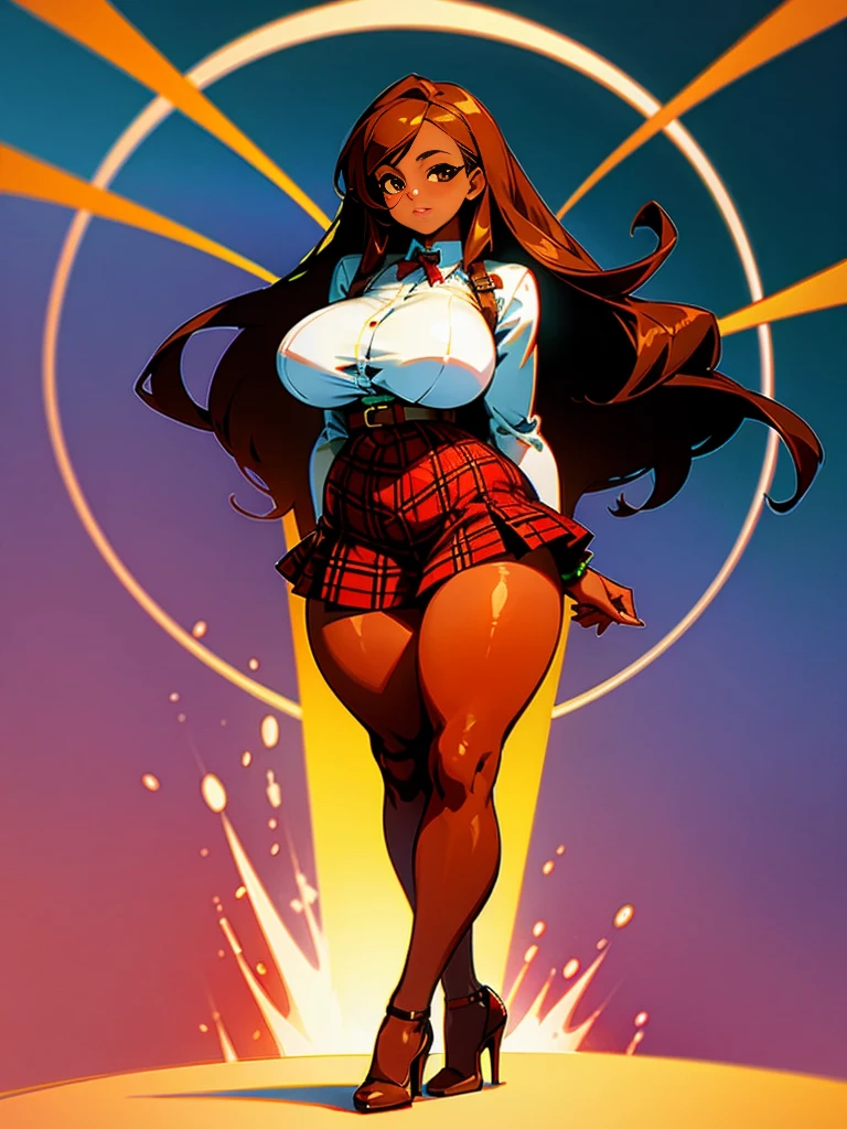 High quality Anime latina, brown hair, brown skin, very curvy, (skinny), hourglass, wide hips, massive thick thighs, wearing plaid micro skirt, stockings and high heels