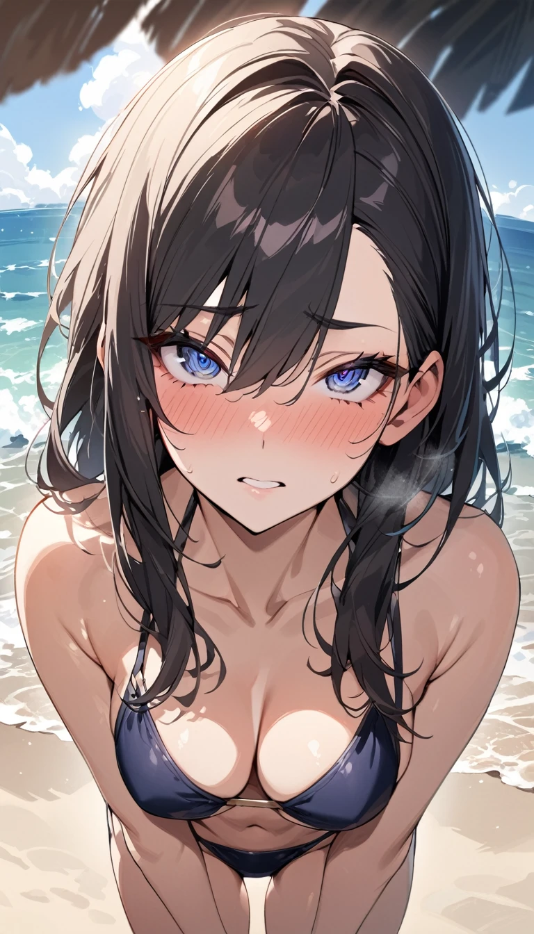 masterpiece, High resolution, perfect face, Japan beauties, 30 years old, beautiful face, beach, bikini, embarrassed look, look at the camera, (top quality eyes), detailed texture, Look at me, Married woman, cool women, ((high resolution eyes)), hentai face