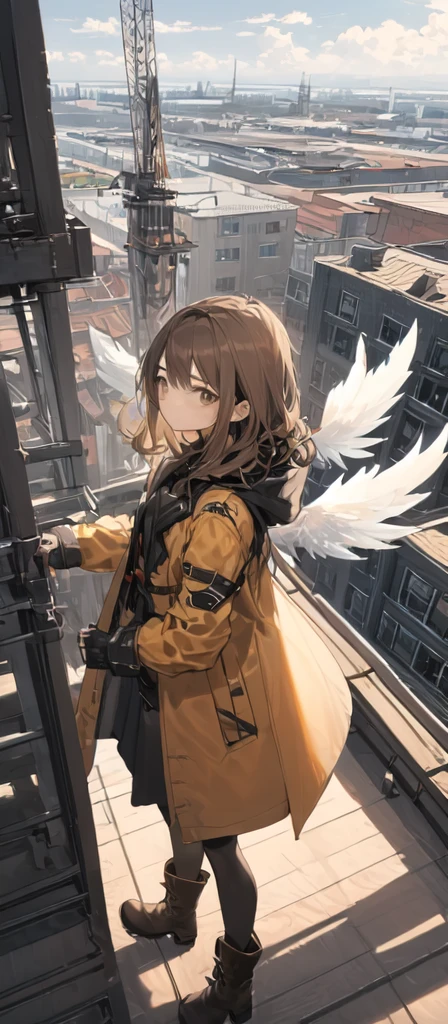 (masterpiece, Highest quality),From above , One girl, Medium chest,alone, (Wings with feathers:1.2), Brown eyes, Brown Hair, cloudy ,大null,coat, boots, crane \(mechanical\), Dutch Angle, From the side, Slight frown, View your viewers, Outdoor, rooftop, null, nullscraper