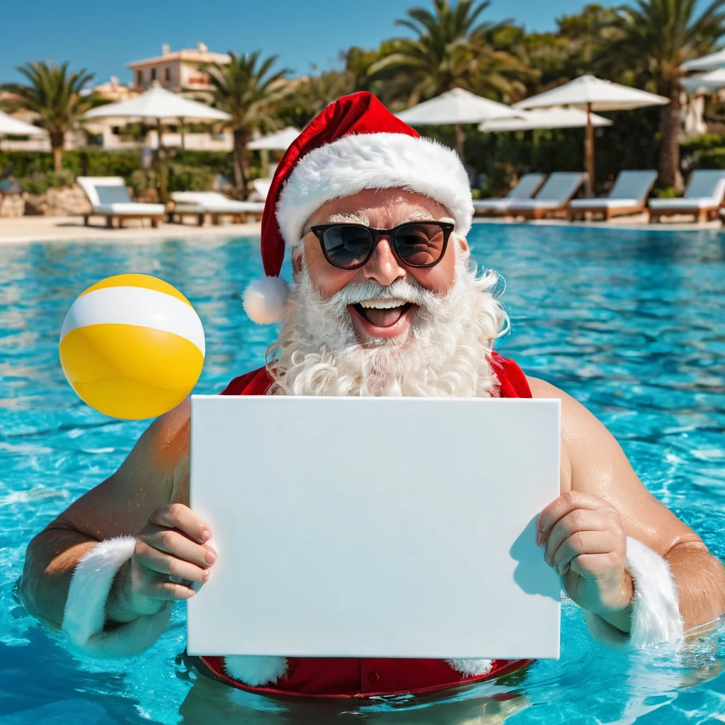 Captures a close-up image from different angles of a swimming pool in which there are white rectangular signs in the water without any text, all posters are the same, In the center of the pool, a fat, smiling Santa Claus bathing in sunglasses floats in the water., very happy and holding a giant blank sign without text in his hands above his head . All the action takes place under a bright sun on a Mediterranean beach with impressive lighting for a perfect shot. Professional photography, 8k, RAW photo, The best quality, masterpiece, photorealistic, Highly detailed, cinematic lighting, sharp focus, réflex digital, high resolution, photorealistic,