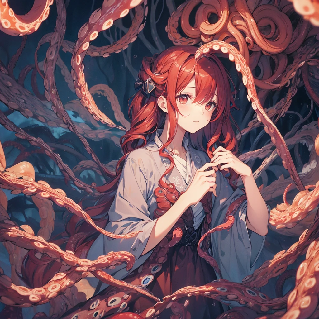 Tentacles、Tentaclesの魔物、Inside the cave、I'm damp、何本ものTentacles、Wavy、Feeling unwell、Red Hair、that&#39;Slimy、At the mysterious lake、muddy lake、Green Lake、green water、Water Drop、constrained