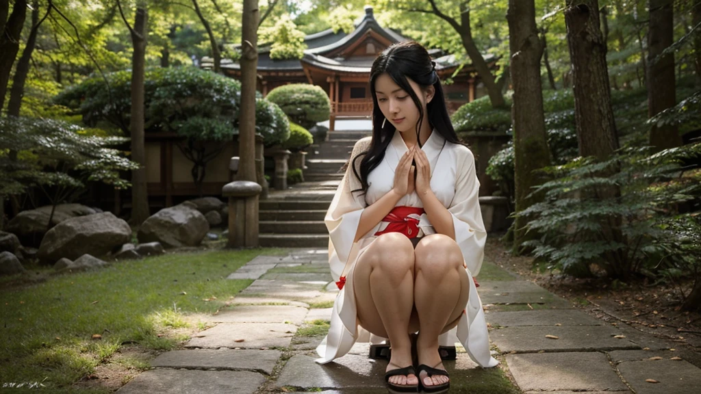 A beautiful shrine maiden in an elegant, sheer kimono stands gracefully on a sacred hill in the forest., A gold collar around his neck、Her chest is exposed and beautiful.。The feet are wearing sandals.。A kimono with a waist-length slit and knee-length。The colors are a perfect combination of red and white, which are symbols of purity.. Her jet black hair flowed long, well maintained、Shining in the sunlight. Her deep, His bright dark eyes radiated calm and wisdom., As if it holds an ancient tale from the past.. Her smooth, symmetrical face has the soft, calm Japanese look.、A gentle smile that gives off an aura of peace to the viewer, with the teeth faintly visible。Towards the sky diagonally above to the right、Her beautiful fingertips are pressed together in prayer。