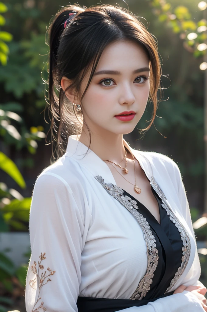 1 beautiful girl in Hanfu costume, ((black thin purple silk shirt with a lot of texture)), white lace top, long purple platinum ponytail Hair, Jewelry, ear jewelry, necklaces and necklaces, carefully drawn big purple eyes, makeup careful, thin eyebrows, high nose, beautiful red lips, no smile, pursed lips, rosy cheeks, wide breasts, big breasts, proportional breasts, slim waist, purple fishnet socks, chinese hanfu style, fictional art texture, colorful bright and realistic, RAW Photo, Realistic Photo, ultra high quality 8k surreal photo, (effective fantasy light effect: 1.8), 10x pixels, magical effect (Background): 1.8), ultradetailed eyes, full body portrait of girl , Chinese royal garden background, dynamic pose