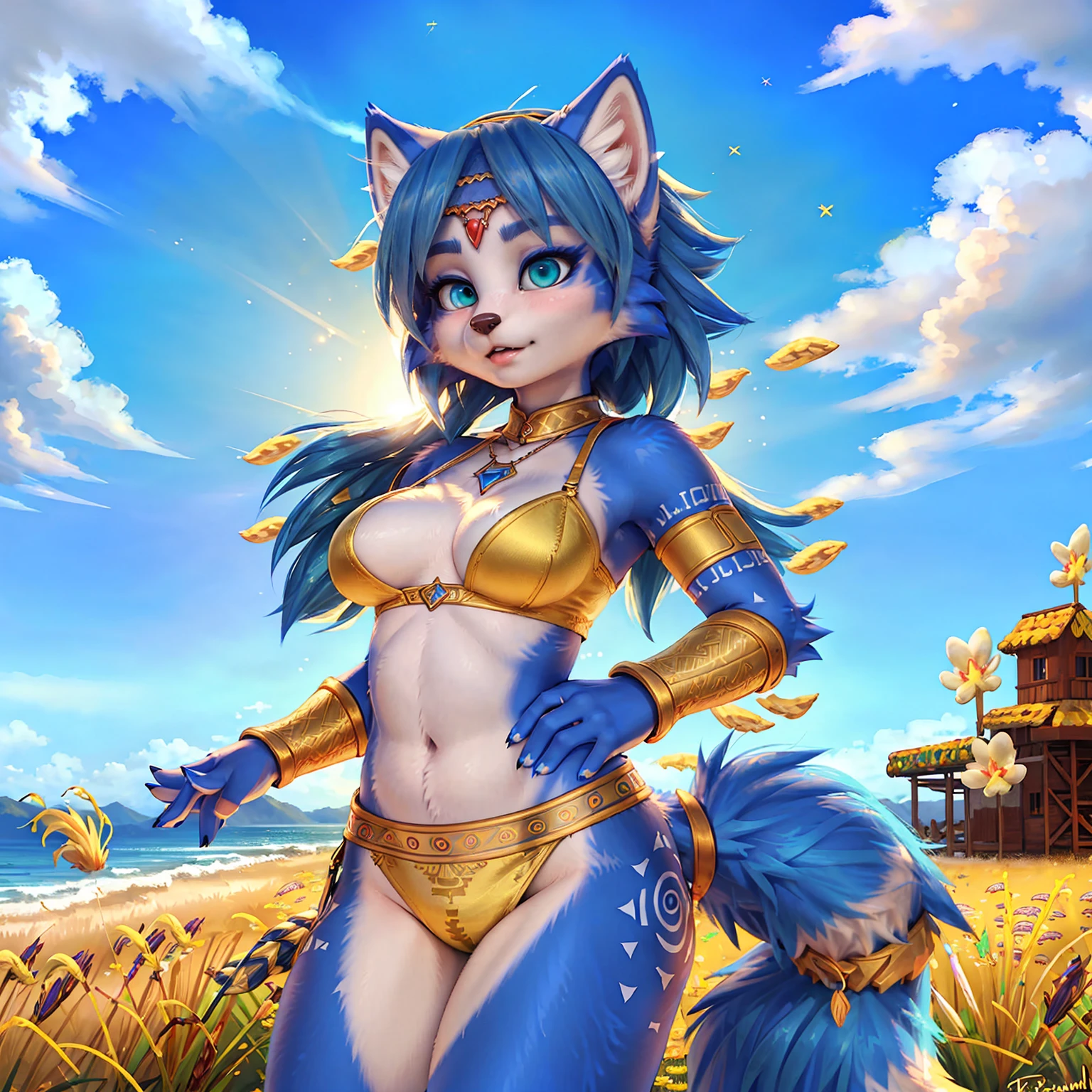 A beautiful and detailed (sweet picture) of ((Krystal)), Star Fox Krystal,  green eyes, medium breasts, (((Long blue hair 1.3))),  anthro, furry, (of Fluff-Kevlar, Bayard Wu, Personalami, Pino Daeni),  detailed fluffy fur, detailed face, (fluffy), 1 girl, alone, Haare bedecken ein Auge:1.4, (((geht über ein Feld mit hohem Gras :1.3))), (((schaut in den himmel:1.4))),