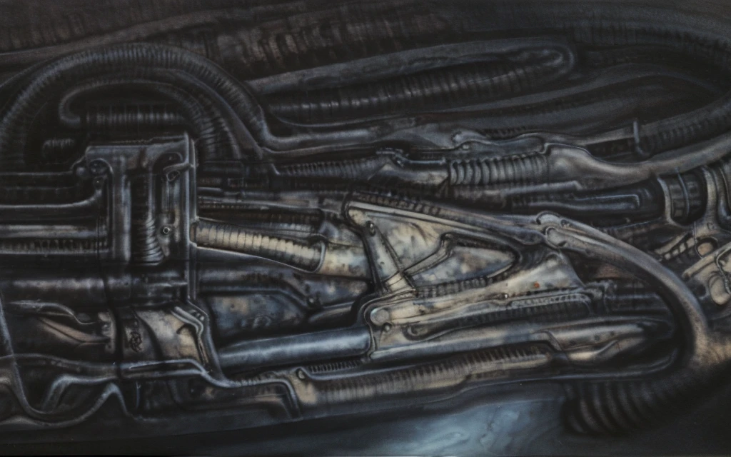 xgiger, The image is a detailed view of H.R. Giger's biomechanical tableau \" LANDSCAPE No 312 \" plate, featuring
a complex, intricate, and detailed design of endless Machine in the transit space over the cascade of fallen water, that appears to be a fusion of organic and mechanical elements, with a focus on the interplay between the two.The piece is a tableau, most likely created with a India ink pen or pencil on paper, determined by the thin lines, shading techniques, and the texture of the paper, which is visible around the edges.
Used is pen, given the shading and variations in line weight visible in the image. Artist have used a variety of stylus with different degrees of hardness to achieve the shading effects.
The use of undersaturated green-grays dark contrasts creates a stark and graphic look. Is used a variety of linework techniques to create different textures. Fine, parallel lines create a smooth, metallic texture,while thicker, more cursive lines suggest cables or wires.
Light source from the top highlights skeletals, pper part of foreground, lower part of image is in shadowupper part of foreground, lower part of image is in shadow.
The art performance showcases the artist’s skills in observation and rendering. The level of detail in the piece suggests a close study of real bone specimens and mechanics. The artist has skillfully used shading techniques to create a convincing illusion of three-dimensionality on a flat surface. The wrinkles and cracks in the surface, and the cast shadows with accuracy, used shading techniques to create a realistic depiction of light and shadow on the objects. This creates a sense of depth and dimension in the image. The artist has used careful linework to depict the contours and textures in the piece
Sharp focus on foreground elements illustration. Deep and delicate DOF. Big painting. Stored in Louvre masterpiece, ooze soaked pajama top