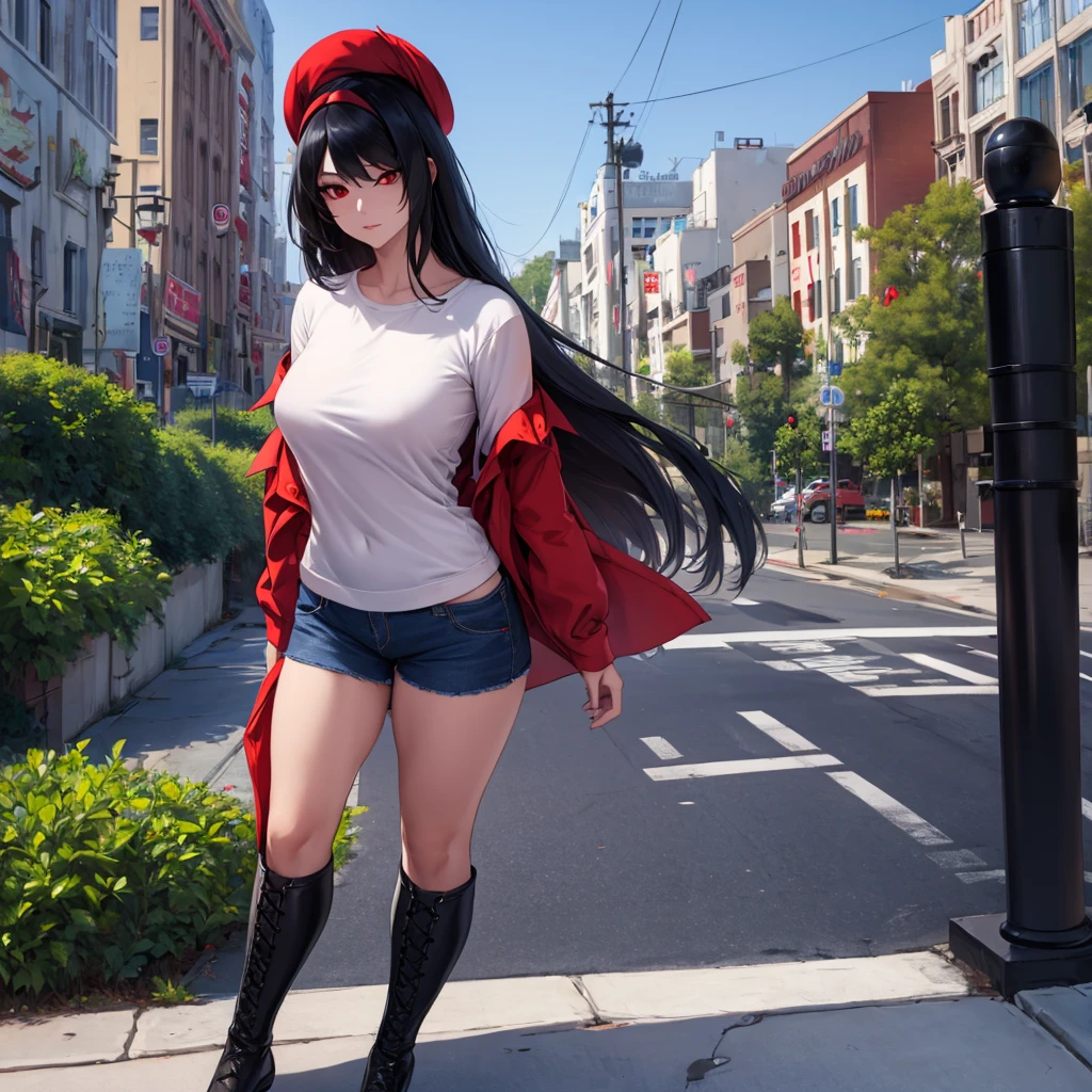 An 30 year old black haired Indian woman wearing a casual red shirt, short black denim shorts, black boots, long hair, casual black hat, exposed thigh, full body, red eyes walking on a sidewalk overlooking Hollywood, blue sky with clouds,(solo woman), HDR, ultra resolution, sharp, masterpiece, 8K HD
