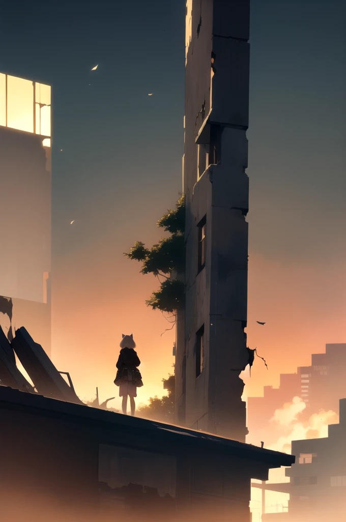 1girl, An anime-style character, female, standing on a ledge overlooking a city in a state of disrepair. The character has cat ears and is dressed in a , featuring a brown jacket and a pleated skirt. She carries a satchel over her shoulder.

The city below appears to be abandoned, with broken and overgrown structures. The warm, golden light of the setting sun casts long shadows and bathes the scene in a soft glow, creating a beautiful yet poignant contrast with the surrounding decay. The sky is partly cloudy with a few scattered leaves or debris caught in the breeze, adding to the sense of desolation and quiet.

The overall composition evokes a sense of solitude and contemplation, as the character gazes at the distant horizon, suggesting themes of resilience, hope, or a journey.