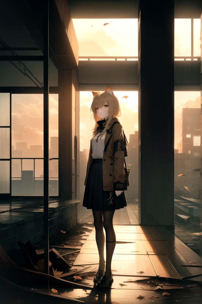 1girl, An anime-style character, female, standing on a ledge overlooking a city in a state of disrepair. The character has cat ears and is dressed in a , featuring a brown jacket and a pleated skirt. She carries a satchel over her shoulder.

The city below appears to be abandoned, with broken and overgrown structures. The warm, golden light of the setting sun casts long shadows and bathes the scene in a soft glow, creating a beautiful yet poignant contrast with the surrounding decay. The sky is partly cloudy with a few scattered leaves or debris caught in the breeze, adding to the sense of desolation and quiet.

The overall composition evokes a sense of solitude and contemplation, as the character gazes at the distant horizon, suggesting themes of resilience, hope, or a journey.