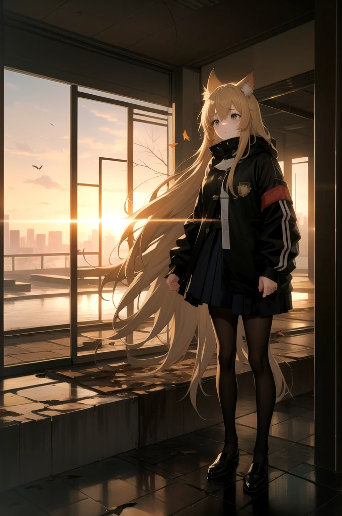 1girl, An anime-style character, female, standing on a ledge overlooking a city in a state of disrepair. The character has cat ears and is dressed in a , featuring a brown jacket and a pleated skirt. She carries a satchel over her shoulder.

The city below appears to be abandoned, with broken and overgrown structures. The warm, golden light of the setting sun casts long shadows and bathes the scene in a soft glow, creating a beautiful yet poignant contrast with the surrounding decay. The sky is partly cloudy with a few scattered leaves or debris caught in the breeze, adding to the sense of desolation and quiet.

The overall composition evokes a sense of solitude and contemplation, as the character gazes at the distant horizon, suggesting themes of resilience, hope, or a journey.