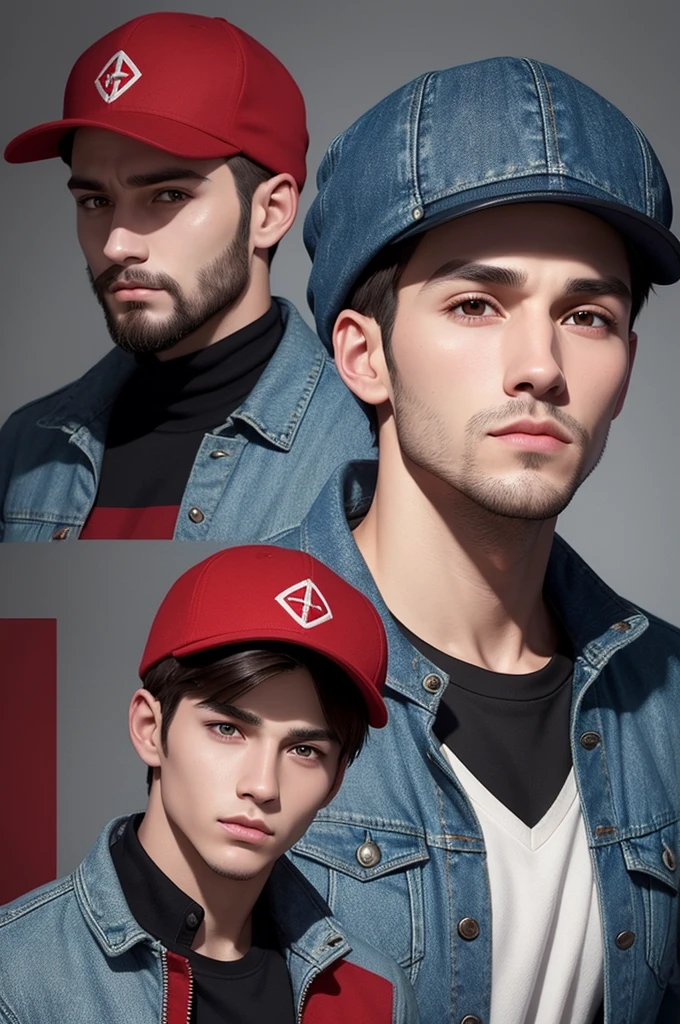 Create a stylized digital avatar of a young man with a short beard and short hair, wearing a denim jacket with fleece inside and a black and red cap. Expression should be friendly and confident. Maintain key facial features and overall face structure. The background should be simple and free from distractions, preferably with a soft tone to highlight the avatar.