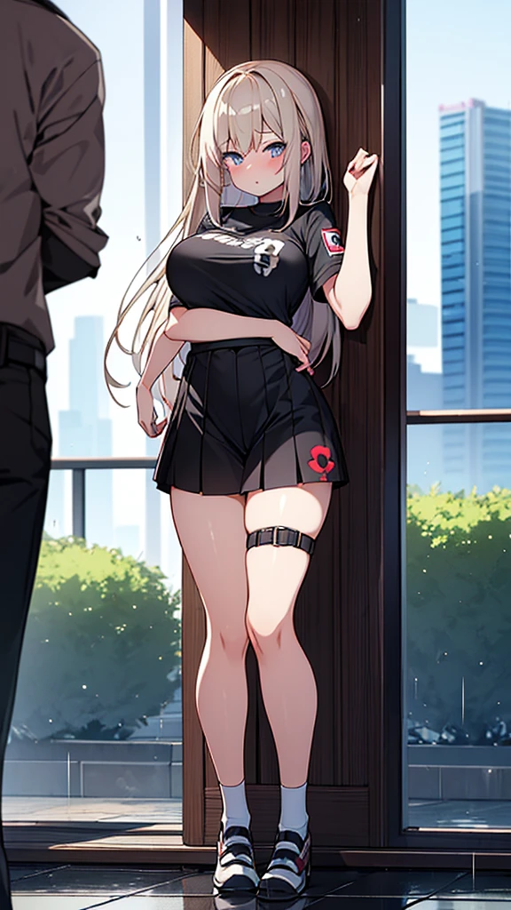 Full body image, front, One girl, 18-year-old, Mix 4, (32K, RAW Photos, Highest quality, masterpiece:1.2), (Anime-like, photoAnime-like:1.37), cute, Short sleeve T-shirt,Shorts,Black knee socks, night, rain, Humidity, Professional Lighting, Photon Mapping, Radio City, Physically Based Rendering, Super Resolution, (Big Breasts:1.2), {{The biological weapon that had preyed on the younger sister took her place and reunited with the older brother, The rebellious sister has become the obedient little sister}}, Girl Skull, whole body, NSFW