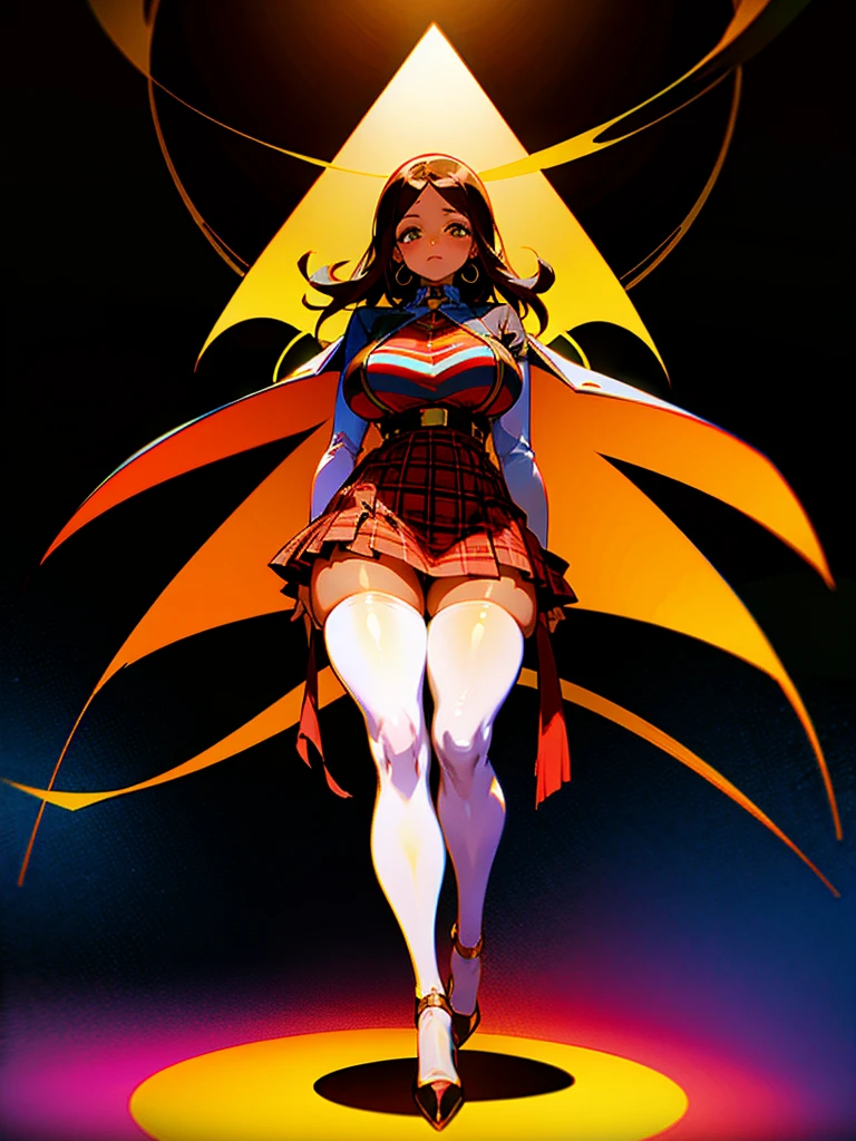 High quality Anime latina, brown hair, brown skin, very curvy, (skinny), hourglass, wide hips, massive thick thighs, wearing plaid micro skirt, stockings and high heels
