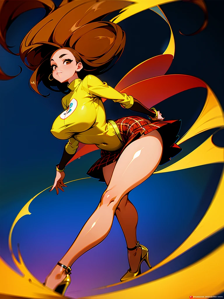 High quality Anime latina, brown hair, brown skin, very curvy, (skinny), hourglass, wide hips, massive thick thighs, wearing plaid micro skirt, stockings and high heels
