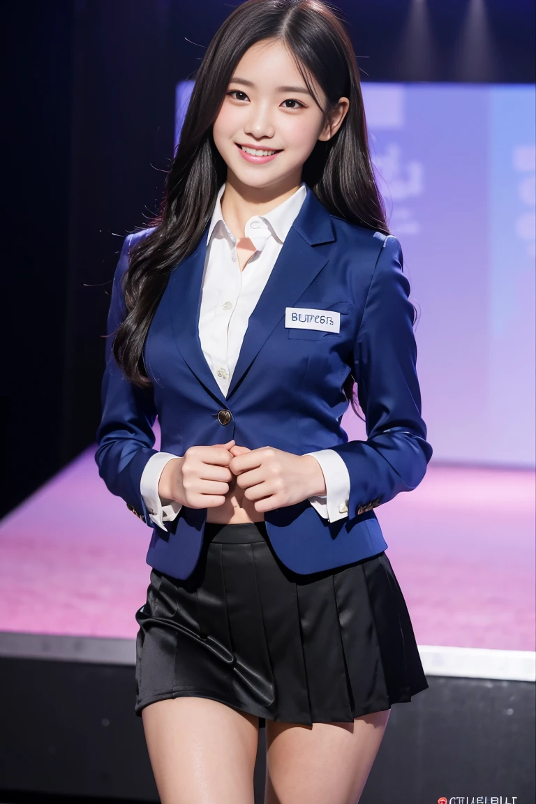 (8k), (highest quality: 1.2), (Realistic), (Realistic: 1.37), Ultra-high resolution, 1 girl, cute, (Embarrassed smile:1.2), (Blushing:1.4),Mouth closed, Beautiful details, Beautiful Nose, (silky black straight Hair:1.2), giant dulcefo, pork, Thighs,Navel exposed,University Student Uniform,A simple blazer,Pleated skirt,Platform boots,Dancing on the school stage,(Shiny Thighs:1.2),Medium Shot