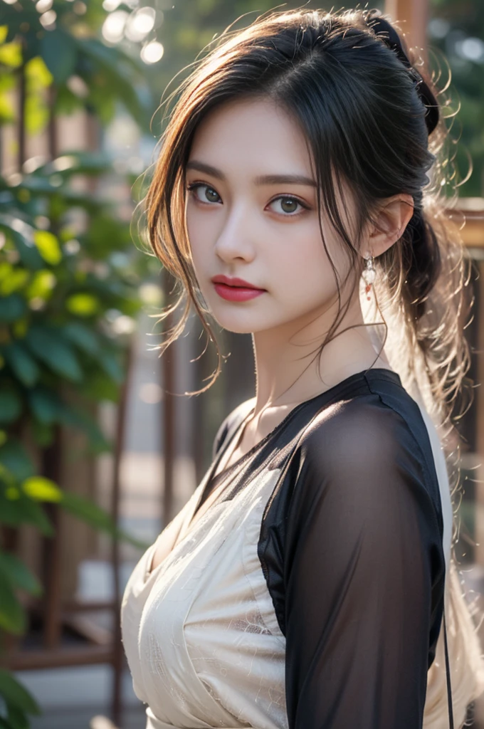 1 beautiful girl in Hanfu costume, ((black thin purple silk shirt with a lot of texture)), white lace top, long purple platinum ponytail Hair, Jewelry, ear jewelry, necklaces and necklaces, carefully drawn big purple eyes, makeup careful, thin eyebrows, high nose, beautiful red lips, no smile, pursed lips, rosy cheeks, wide breasts, big breasts, proportional breasts, slim waist, purple fishnet socks, chinese hanfu style, fictional art texture, colorful bright and realistic, RAW Photo, Realistic Photo, ultra high quality 8k surreal photo, (effective fantasy light effect: 1.8), 10x pixels, magical effect (Background): 1.8), ultradetailed eyes, full body portrait of girl , Chinese royal garden background, dynamic pose