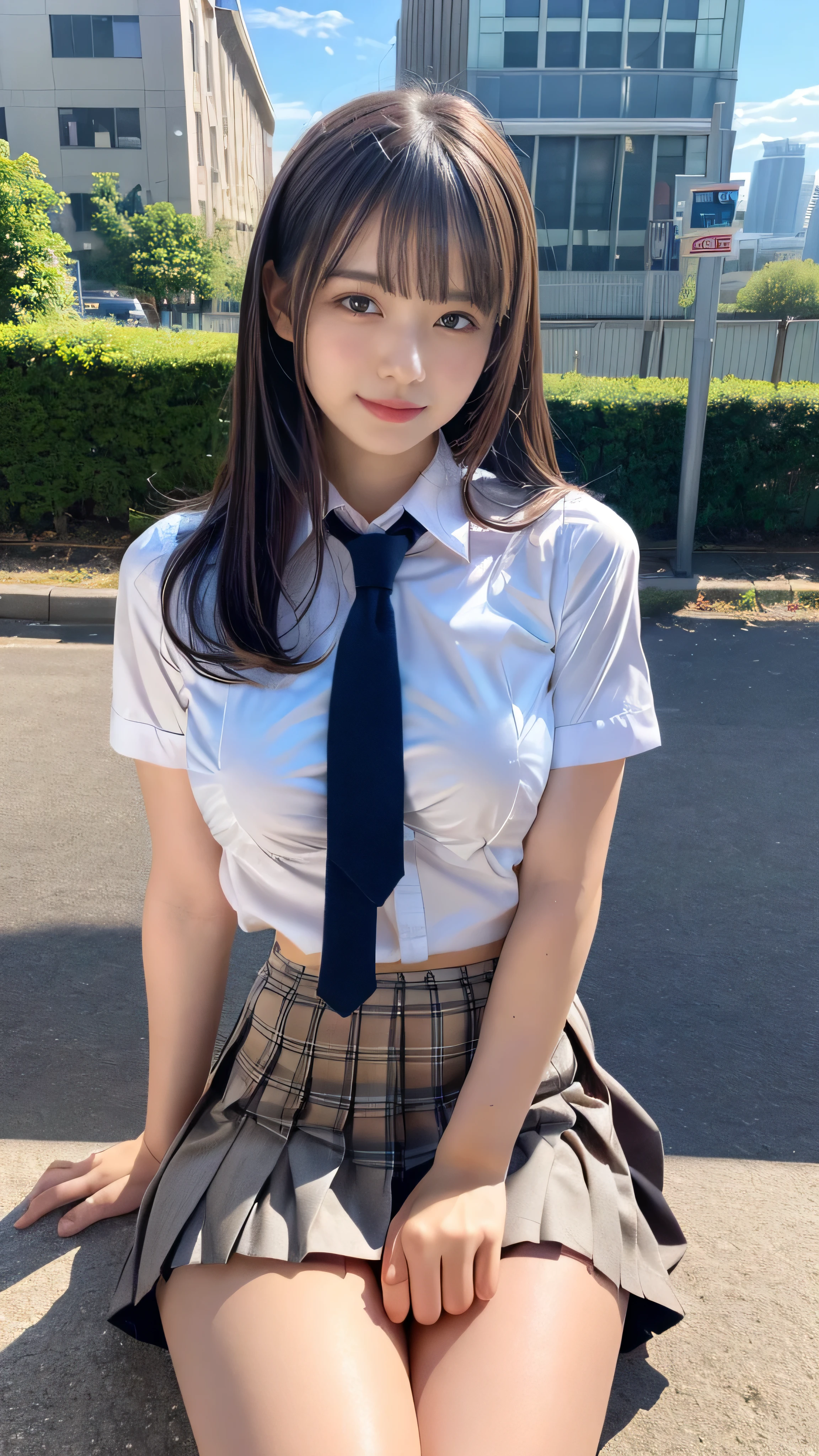 Very detailed、masterpiece、Highest quality、Ultra-high resolution、8K High Resolution、Photogenic transparency、Detailed eyes、Gradation、Perfect anatomical figure ,hard disk、Hmph , Nikon Z9 80mm Lens , Tabletop、Street in front of Tokyo Station、Standing model、shirt、(school uniform:1.5)、(((Skirts must be worn)))、(((Lift the hem of a skirt)))、Panty Focus、Too bright natural light、sunlight、(((While standing, She lifts her skirt to show her pussy to the camera.)))、(((Beautiful and white teeth)))、(((Raise your skirt higher and higher,Show your pussy to the camera)))、Ultra slim body、(G-cup big breasts:1.3)、Slim model body shape、Beautiful posture、Wearing a collar、Earrings、Earrings、((Navy Blue Skirt))