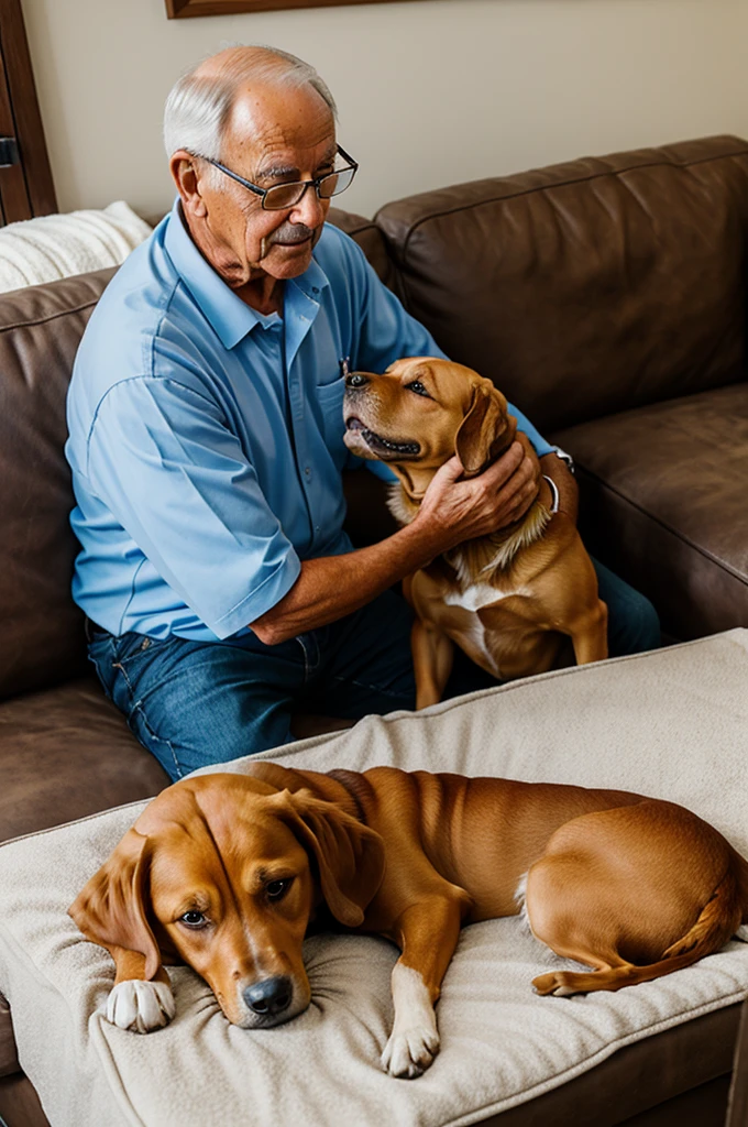 Tan dog and a grandfather receiving the dog in heaven