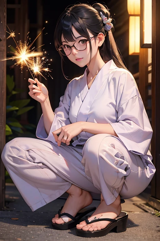 Highest quality、masterpiece、High sensitivity、High resolution、Detailed Description、Slender women、Glasses、Sparkler、Squatting in a yukata、Wearing Geta、