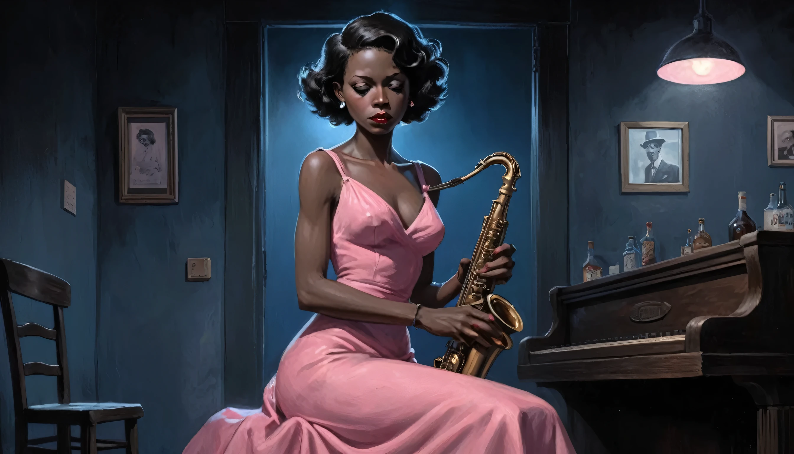 robert johnson, gritty, alabama bar, blue note, charismatic , pink dress, illustration, noir fantasy, lone lady, sad ending, saxophonist