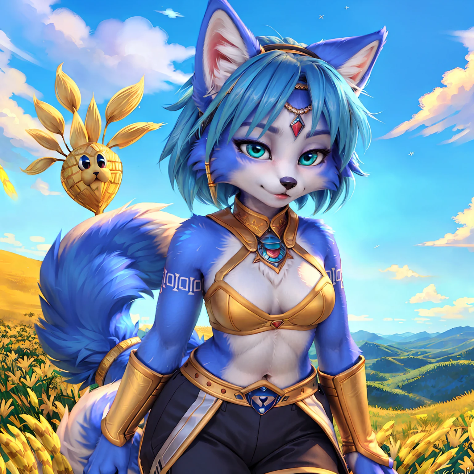 A beautiful and detailed (sweet picture) of ((Krystal)), Star Fox Krystal, green eyes, medium breasts, (((Long blue hair 1.3))), anthro, furry, (of Fluff-Kevlar, Bayard Wu, Personalami, Pino Daeni), detailed fluffy fur, detailed face, (fluffy), 1 girl, alone, Haare bedecken ein Auge:1.4, (((geht über ein Feld mit hohem Gras :1.3))), (((schaut in den himmel:1.4))),